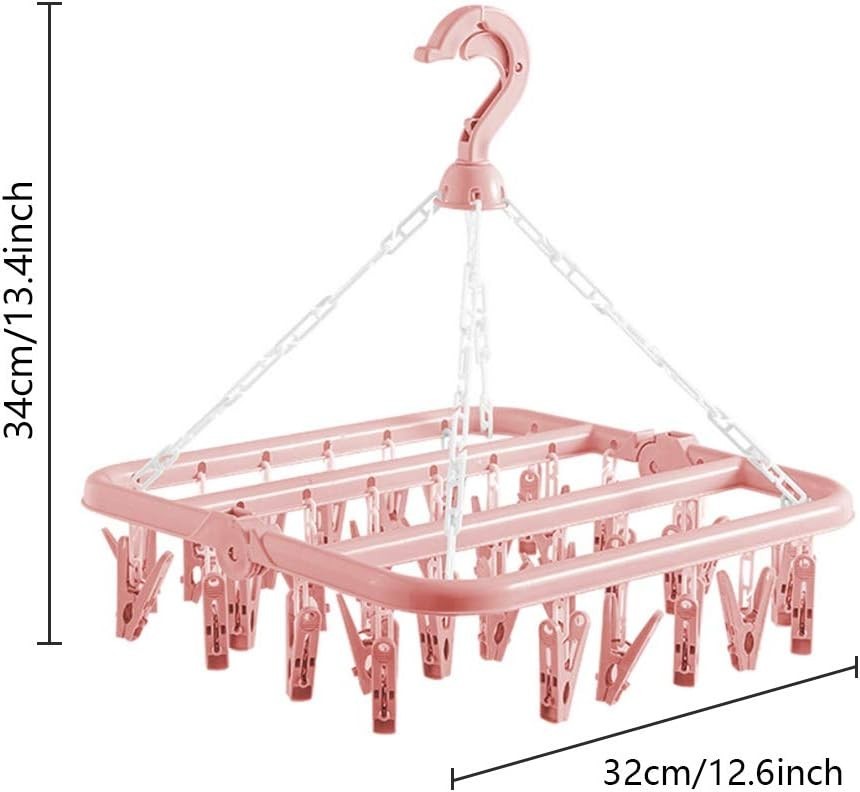 32-Clip Light Pink Clothes Drying Rack - Adjustable Hooks & Collapsible Design
