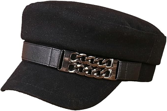 Black Women's Beret Hat w/ Chain Decorated Peaked Cap Newspaper Hat Vintage