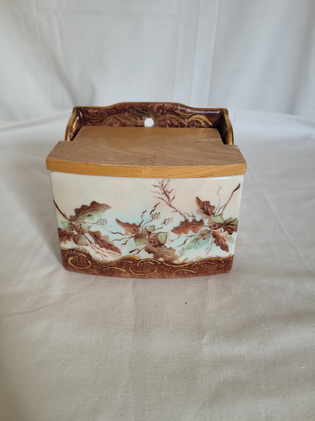 Vintage porcelain oak leaf acorn design  wall salt box cellar wood tope