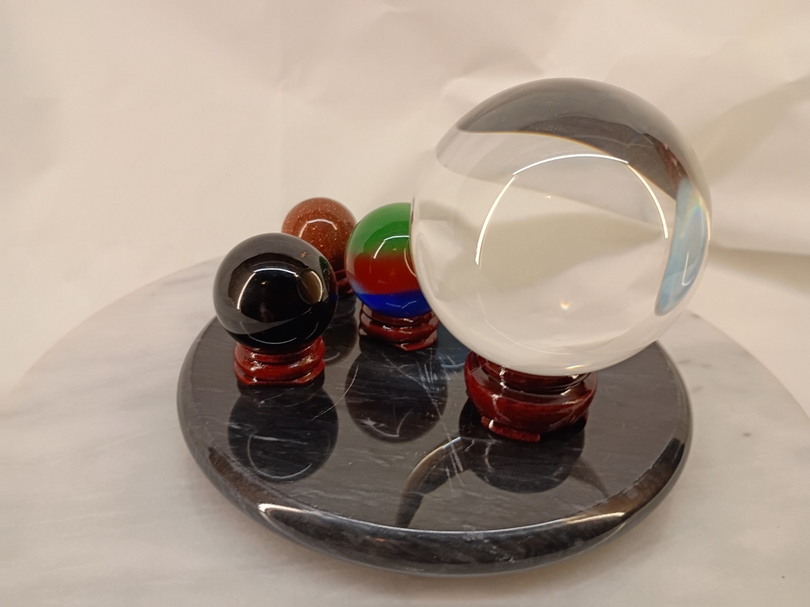 Lot Of 5 Glass Orbs Marbles With Stands And Marble Base Meditation Healing