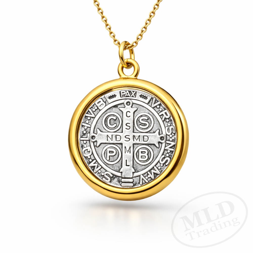 Saint St Benedict Medal Pendant Necklace – Gold Tone Border – 18”+2” Link Chain