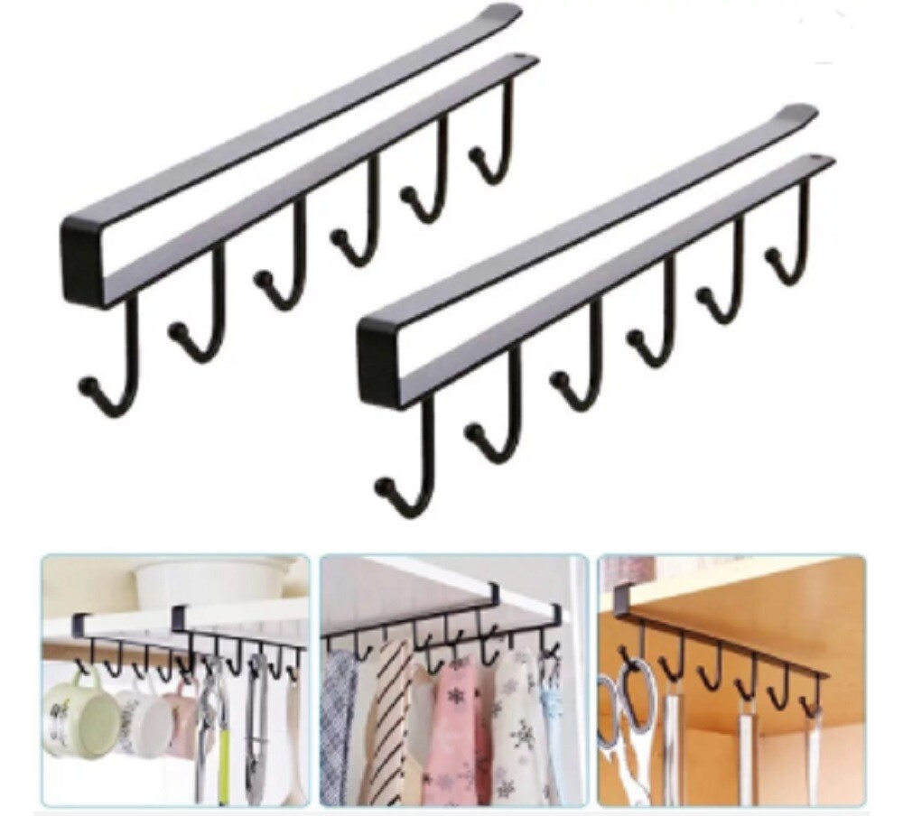 2-Pack Under-Shelf Mug Holder Rack - Kitchen Cabinet Coffee Cup Storage Hooks