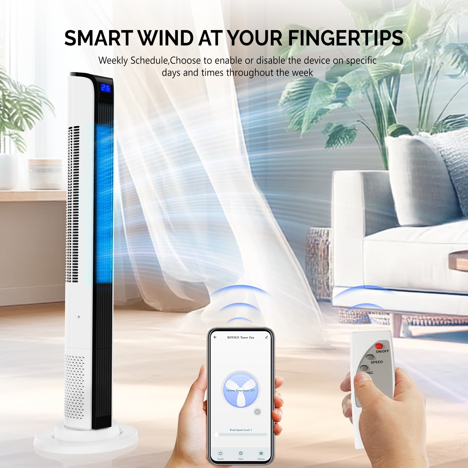 42inch Smart Tower Fan, Bladeless Floor Fan with 3 Modes 3 Speeds, APP/Remote