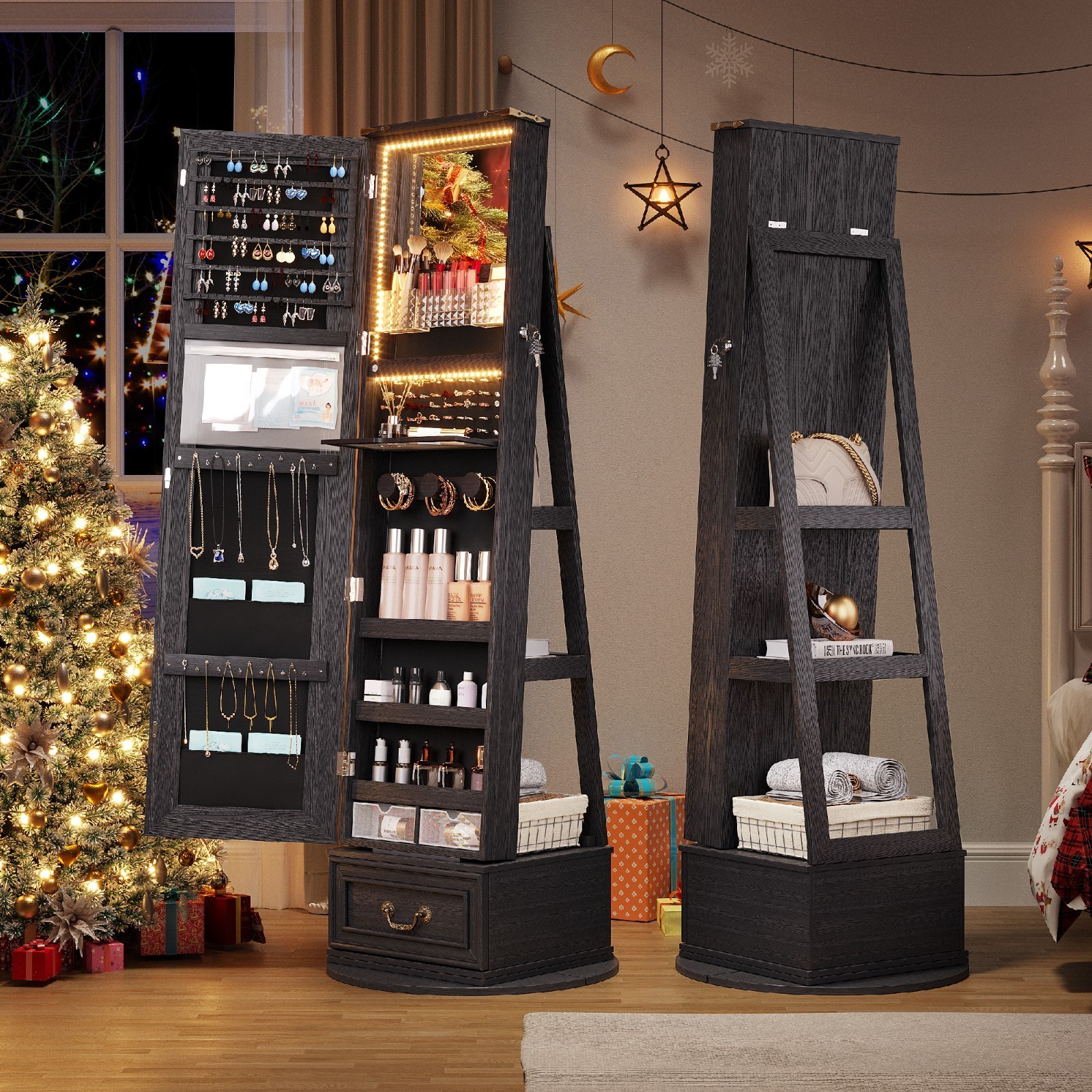 360°Swivel Jewelry Armoire Cabinet with Full Length Mirror/LED Lights/Drawers