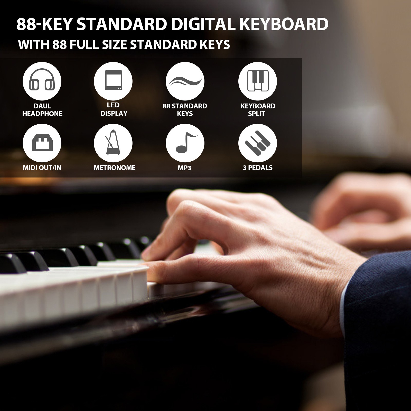 Black 88Key Full Size Weighted Hammer Action Digital Piano Keyboard with 3-Pedal