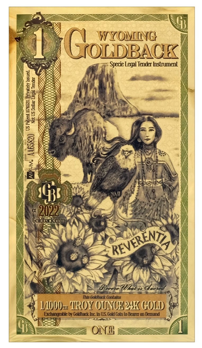 Wyoming 1 Goldbacks 2022 Alpha Gold Polymer Note 1/1000th Troy Oz 24KT Goldback