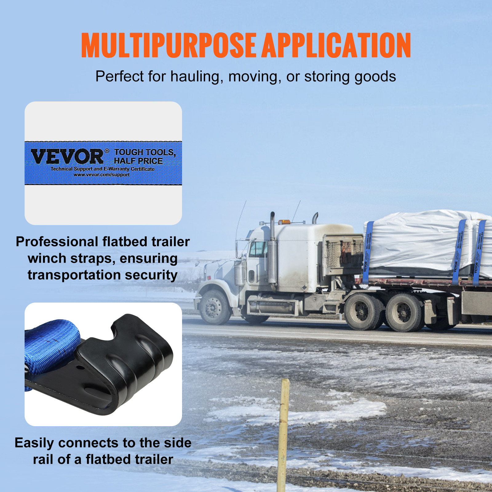 VEVOR Truck Straps Winch Straps 4" x 30' with Flat Hook for Towing 10 Pack Blue