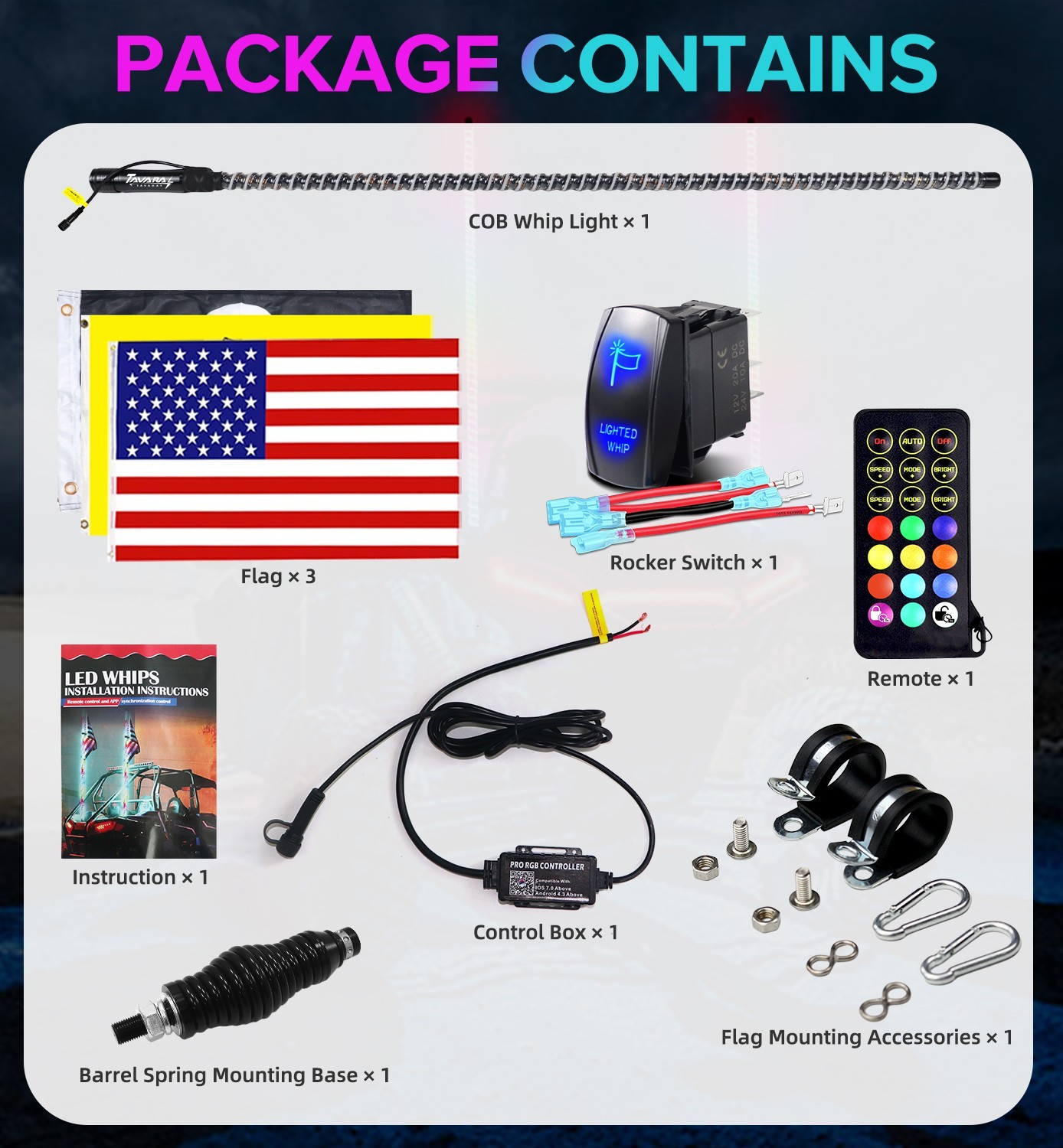 2FT-6FT ATV UTV COB LED Whip Lights RGB Spiral Chasing w/ App & Remote Control