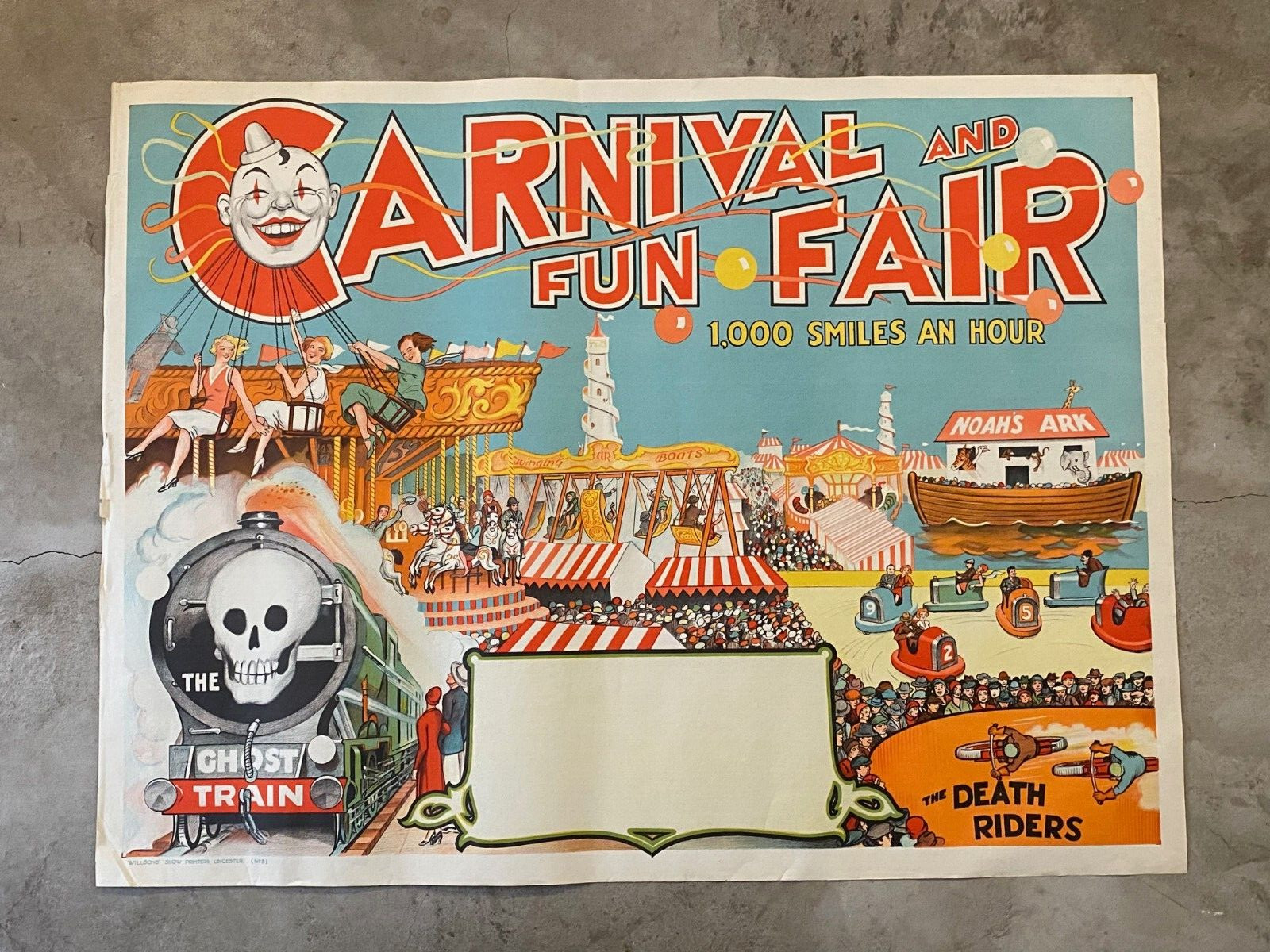 Antique/VTG 30's Carnival Fun Fair Poster, Motorcycle Death Riders, Ghost Train