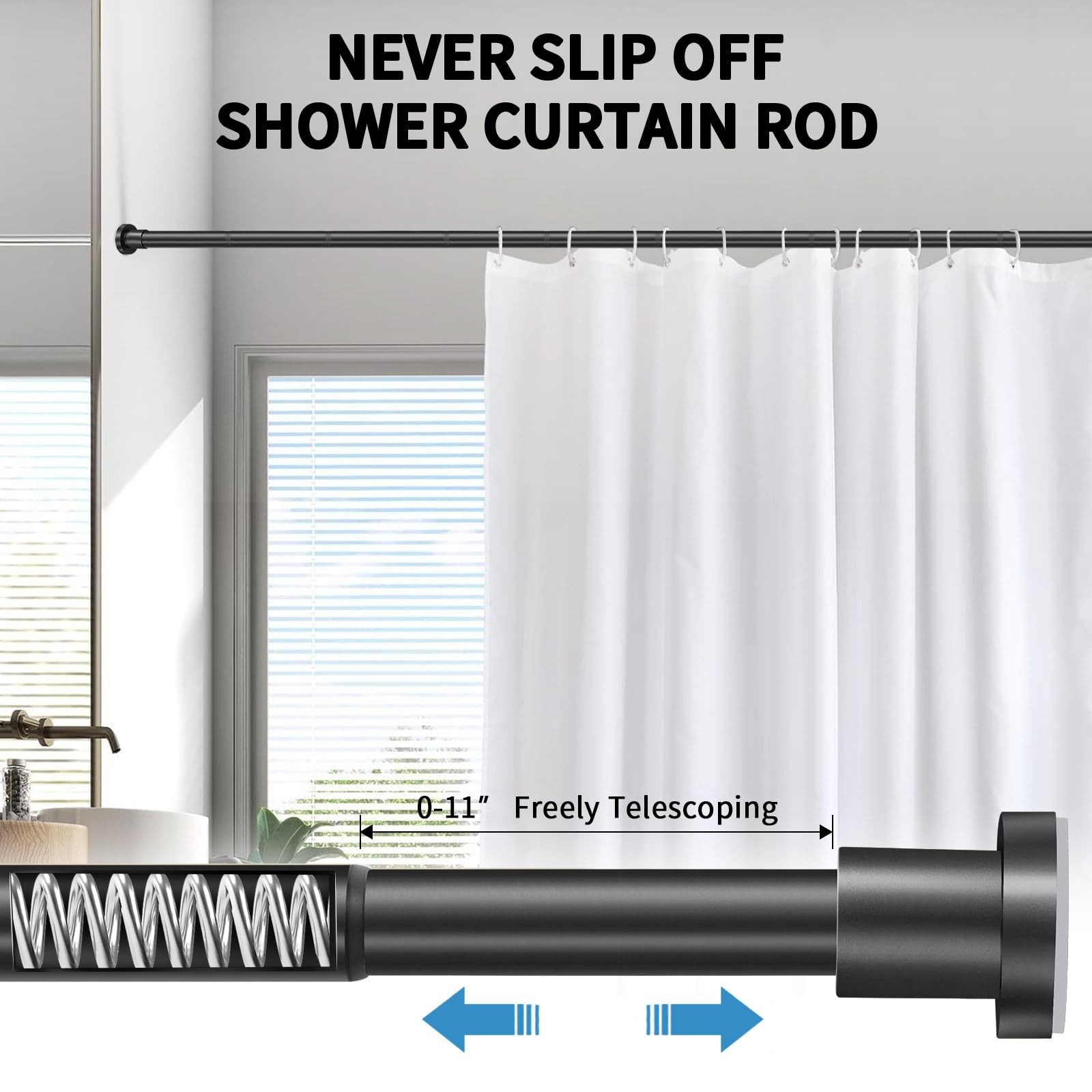 Stainless Steel Shower Rod, 36-84 Inch Adjustable, Tension Mount, No Slip, Black