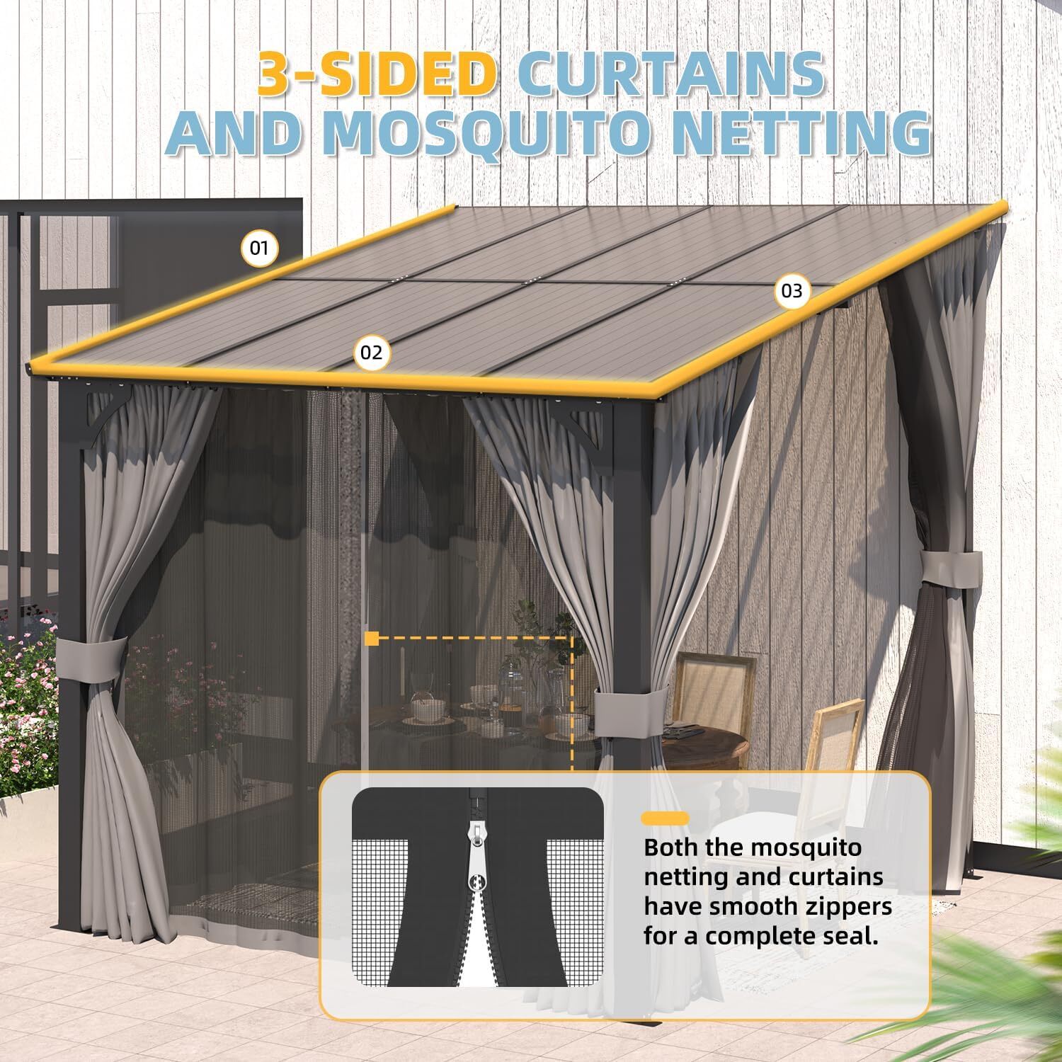 Gazebo for Patio, Wall-Mounted Lean to Pergola Gazebo with Curtains and Netting