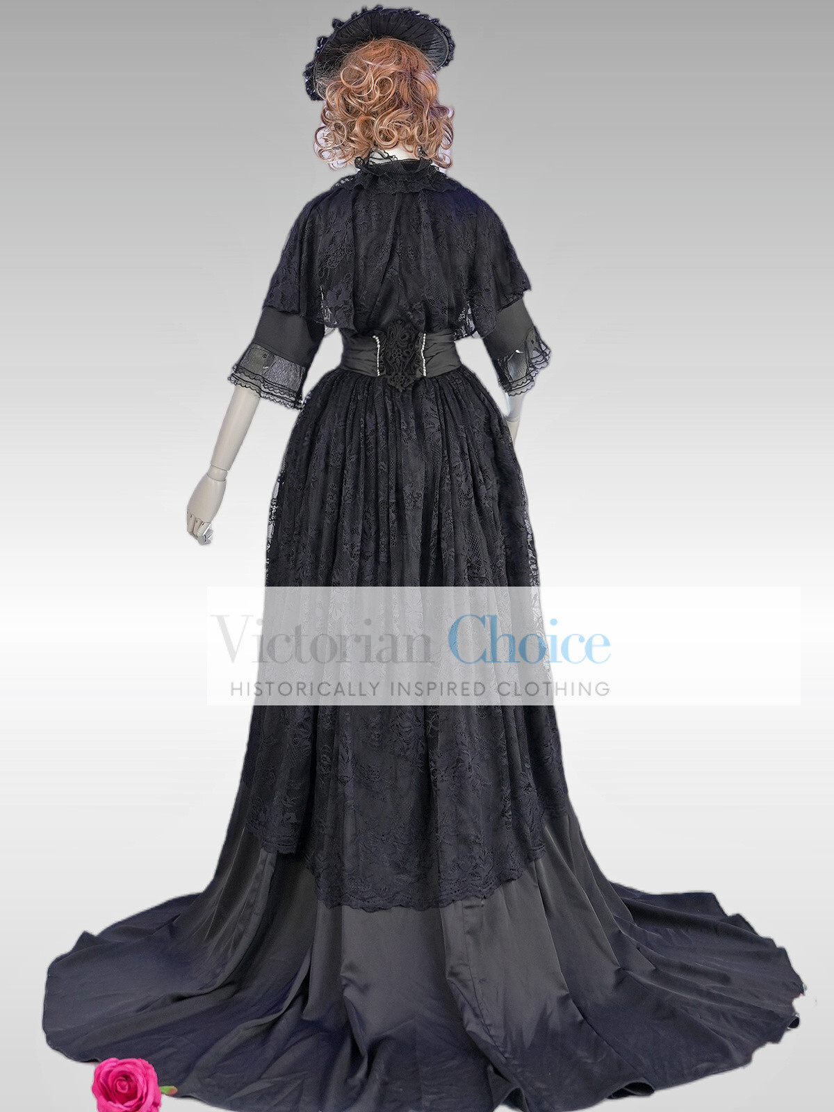 Black Victorian Edwardian Lace Overlay Romantic Gothic Wrapper Dress Theater 841