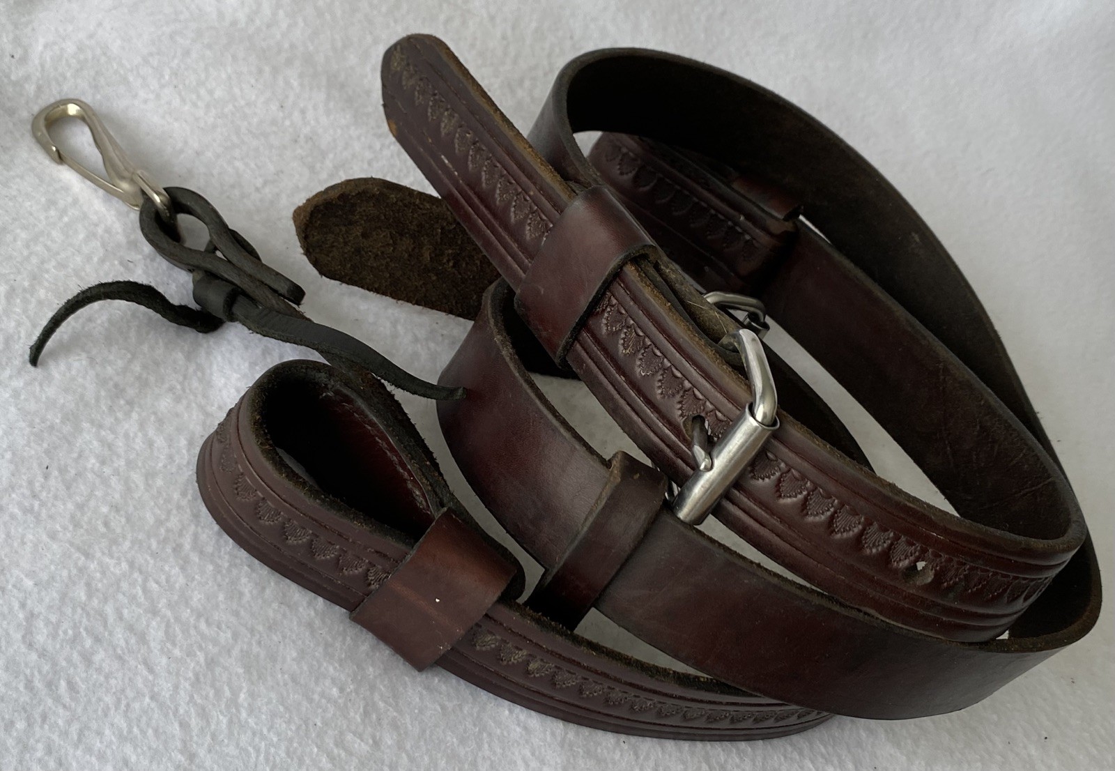 CIRCLE Y Shell TOOLED Walnut Leather Back Flank Cinch & Billet SET~LIGHTLY USED