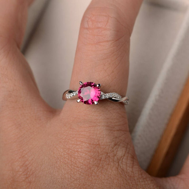 1.20 Ct Round Natural Ruby Diamond Engagement Ring 14K White Gold Size 6