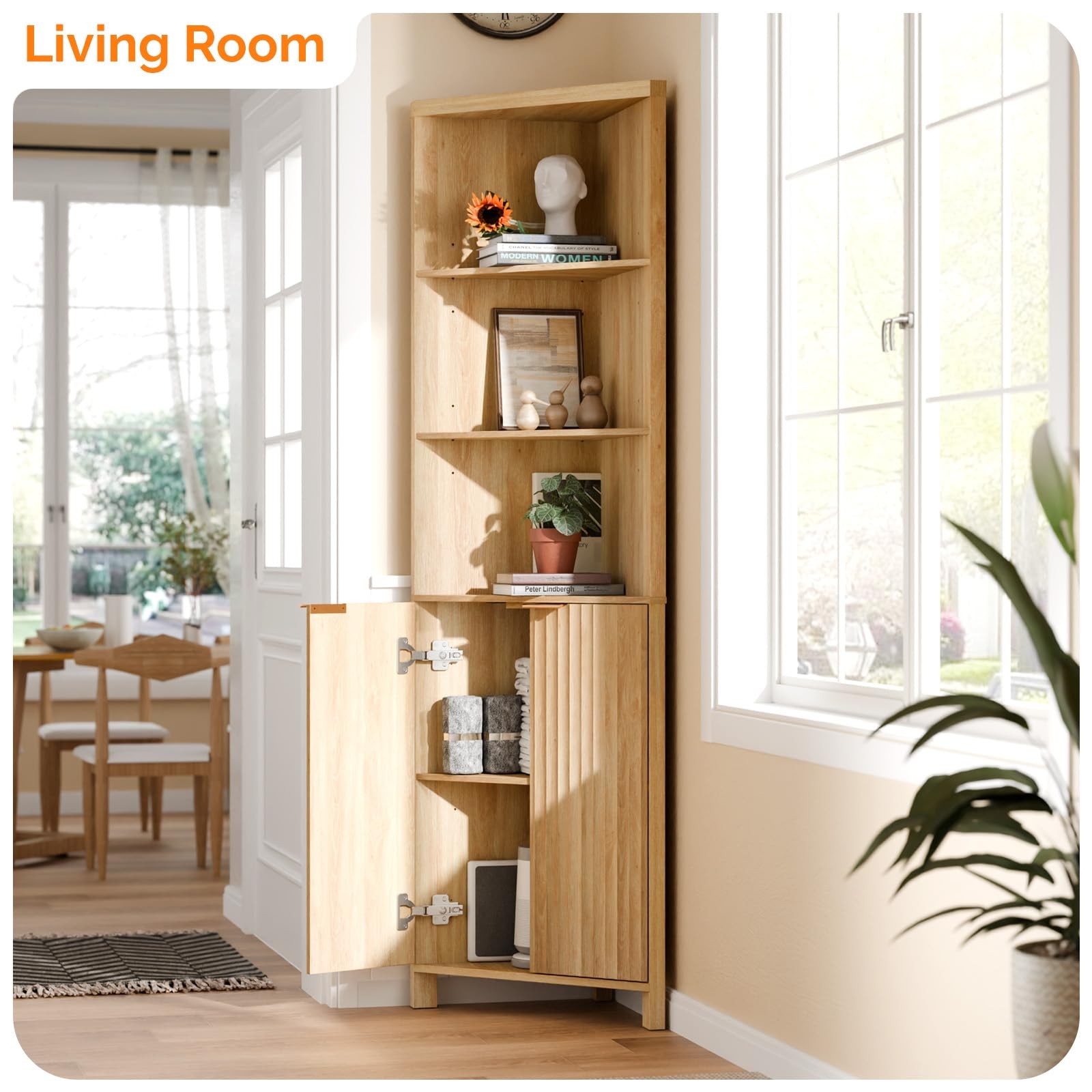 Tall Corner Cabinet with Fluted Doors, 68" Oak Corner Storage Cabinet