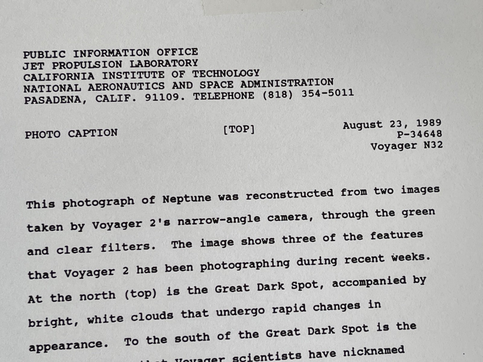 NASA PHOTO SPACE NEPTUNE VOYAGER JPL KODAK PAPER TYPE 1 CHROMOGENIC