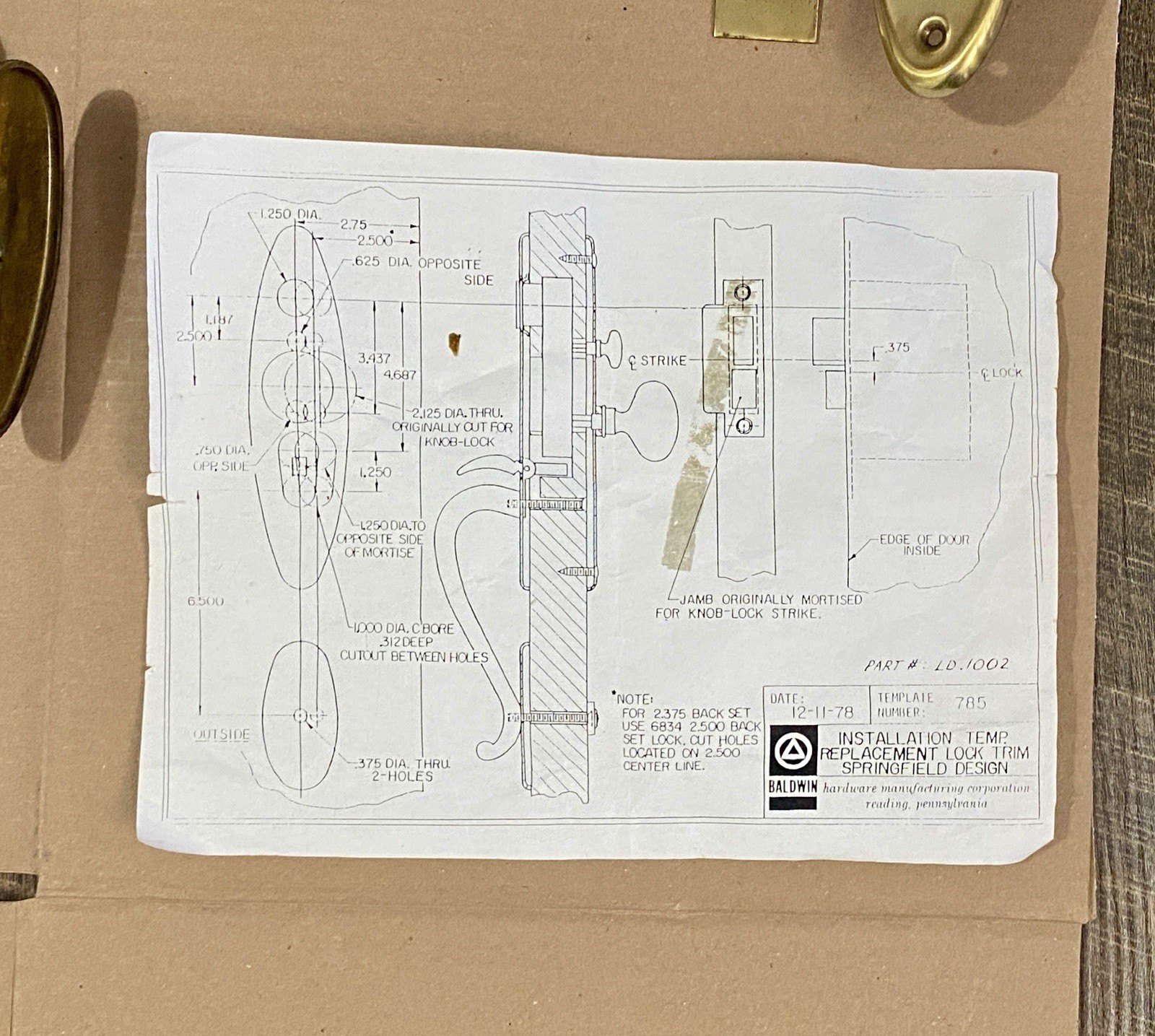 Vintage Brass Baldwin Entry Mortise Lock Set Springfield Estate Collection 1970s
