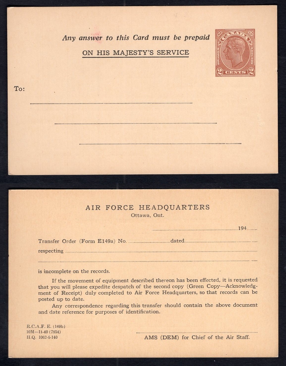 CANADA 1940 Official Postal Card #DP177b OHMS, RCMP HQ in Ottawa