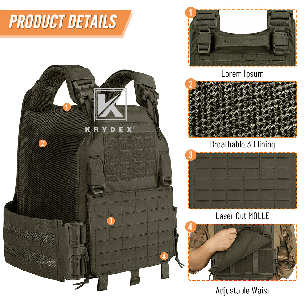 KRYDEX Plate Carrier Tactical Vest Quick Release & Laser Cut MOLLE Panel w/ Clip