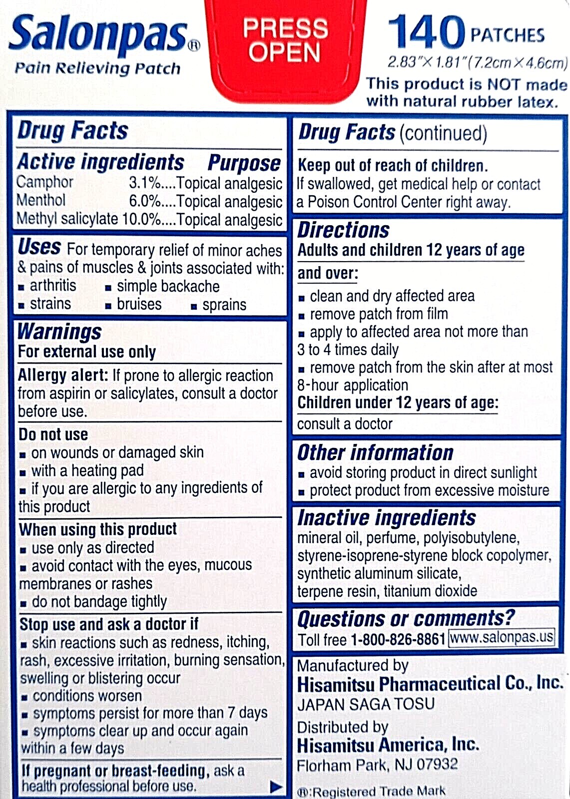 SALONPAS 140 Pain Relieving Patches External Arthritis Back Relief EXP 03/2026