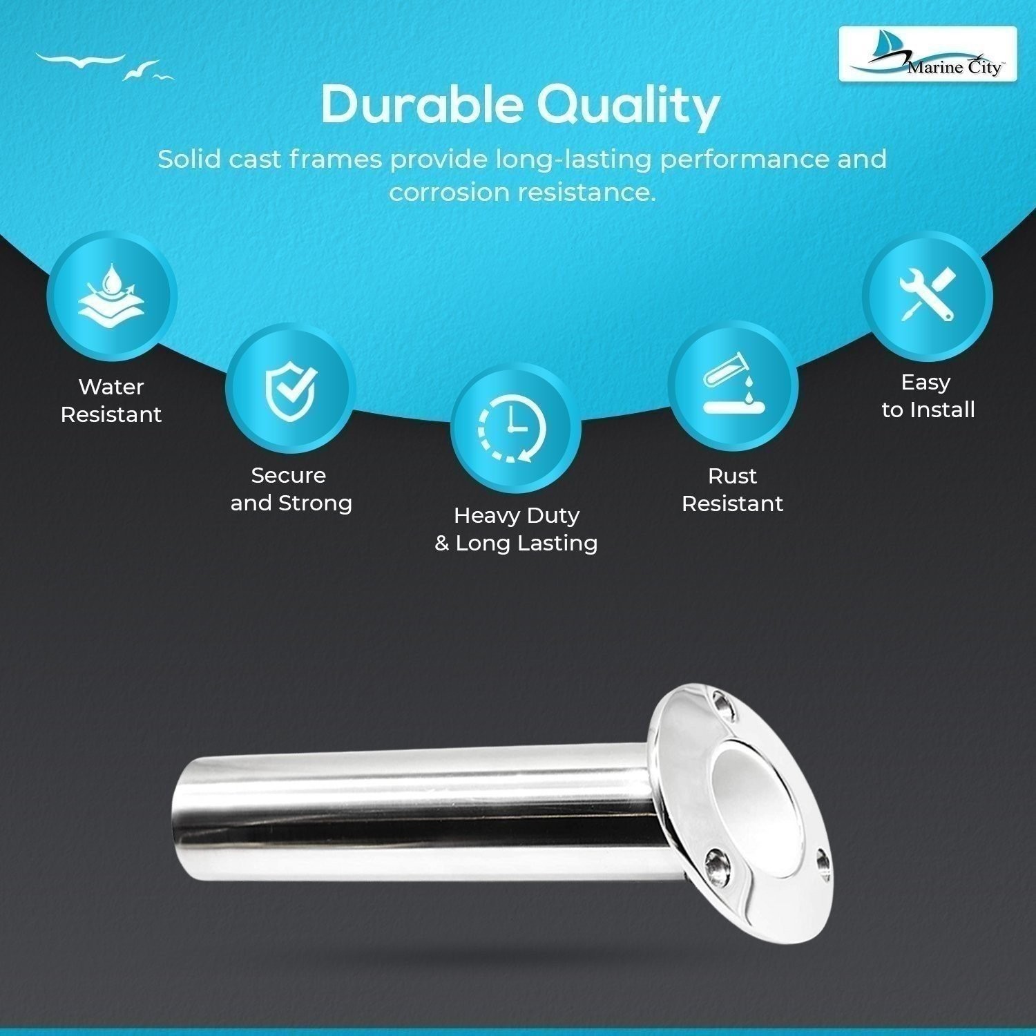 Marine City 316 Stainless Steel Fishing Rod Holder Drain Flush Mount 30° Angle