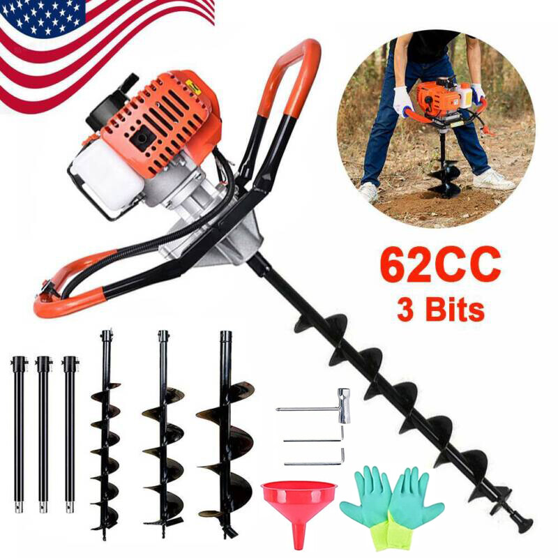 62CC 2.8HP Gas Powered Post Hole Digger W. 3" 5" 8" Earth Auger Digging Engine