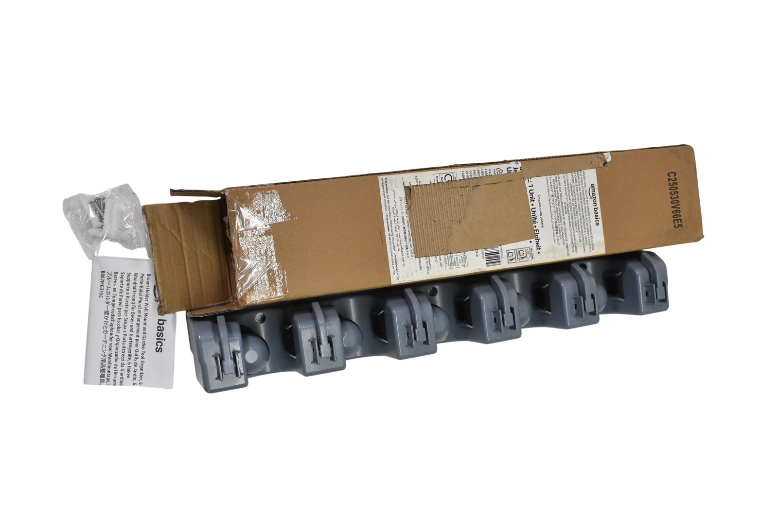 Amazon Basics Broom Holder Wall Mount Garden Tool Organizer 6 Hooks Gray Rack