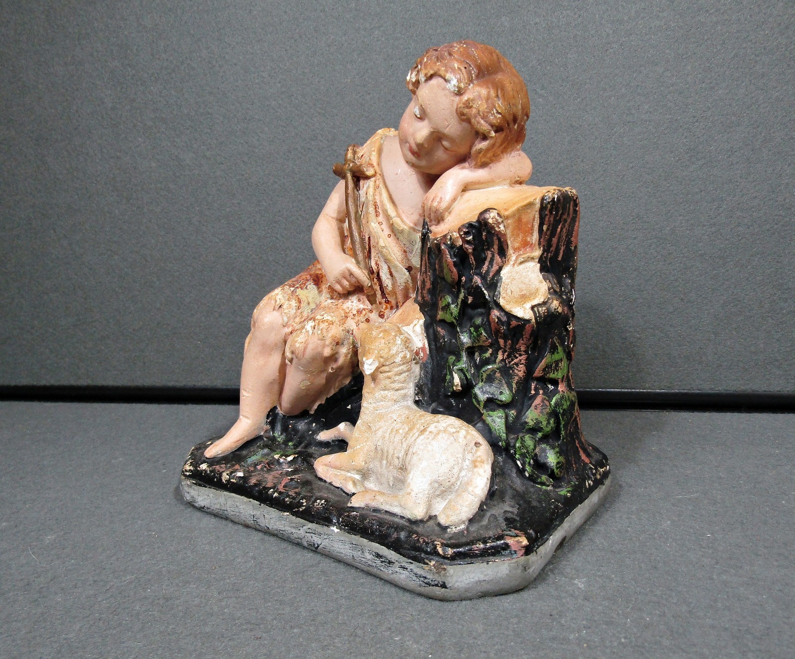 Antique Chalkware Baby St John the Baptist Lamb Cross Statue 7.5"