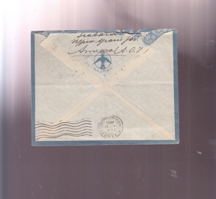 Full Postal Airmail ERITREA AFRICA AOI 1938 Colonies Coastal Florence