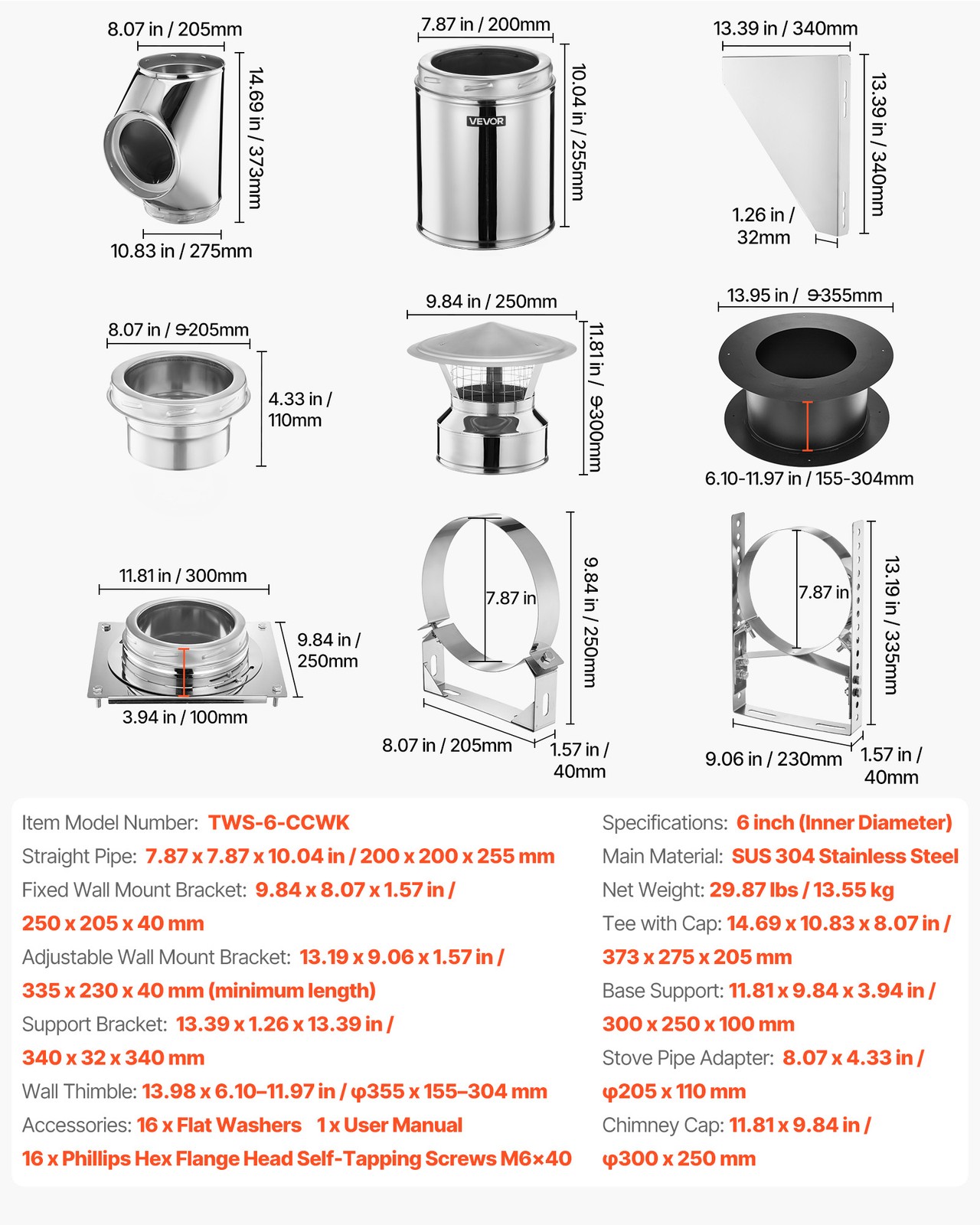 VEVOR External Chimney Kit 6 Inch with Rain Cap Adjustable Bracket Roof Mount
