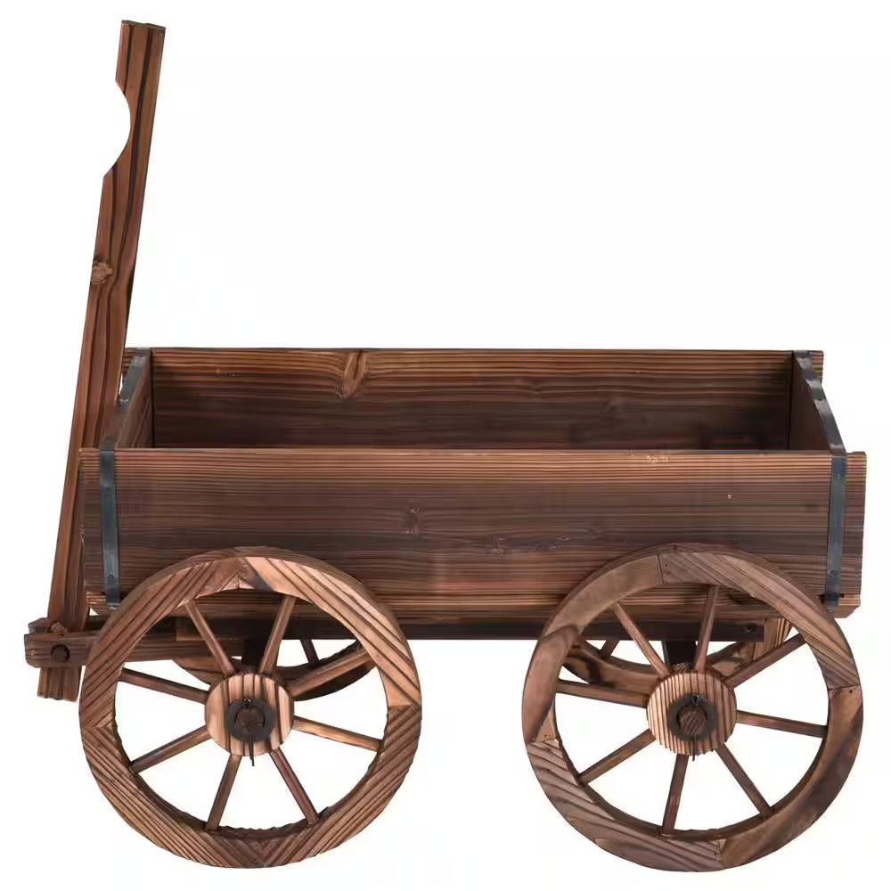 Brown Wood Wagon Flower Outdoor Wood Plant Stand Pot Stand with Wheels
