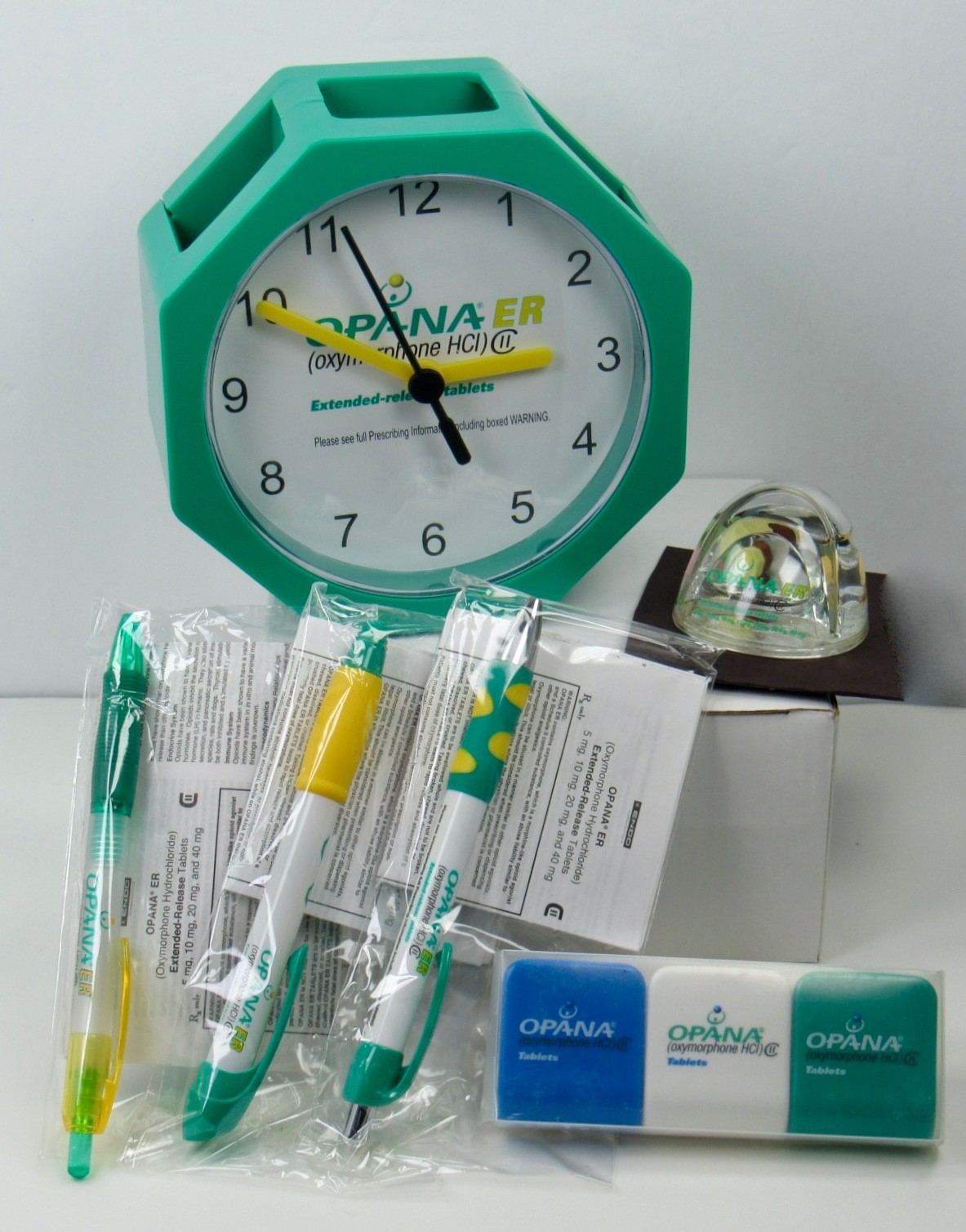 OPANA Lot Clock Pens Magnets Floating Pills Note Holder Drug Rep Pharmaceutical