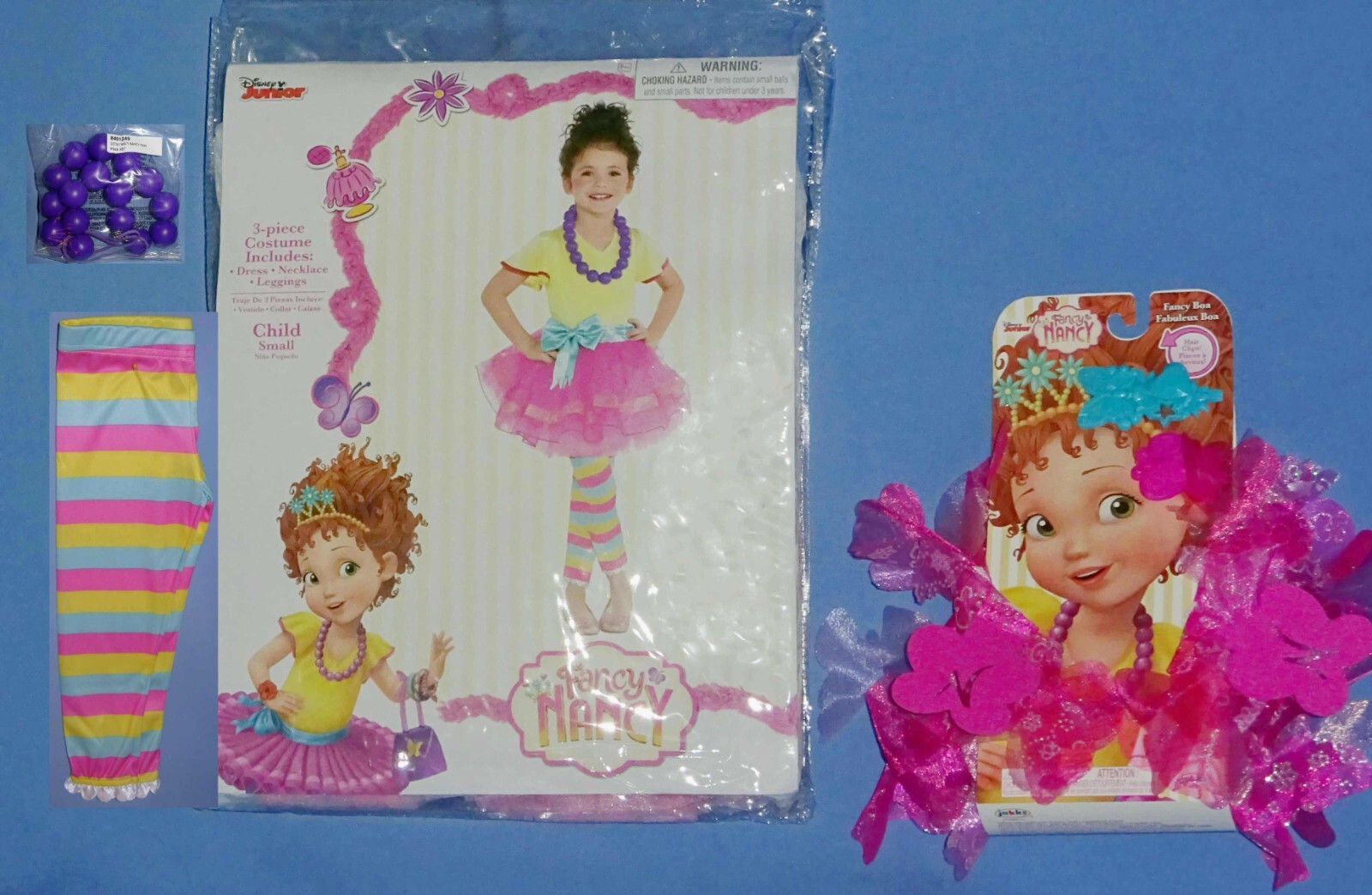 DISNEY FANCY NANCY COSTUME DRESS GIRLS 4-6-LEGGINGS-NECKLACE-BOA-HAIR CLIPS-NEW
