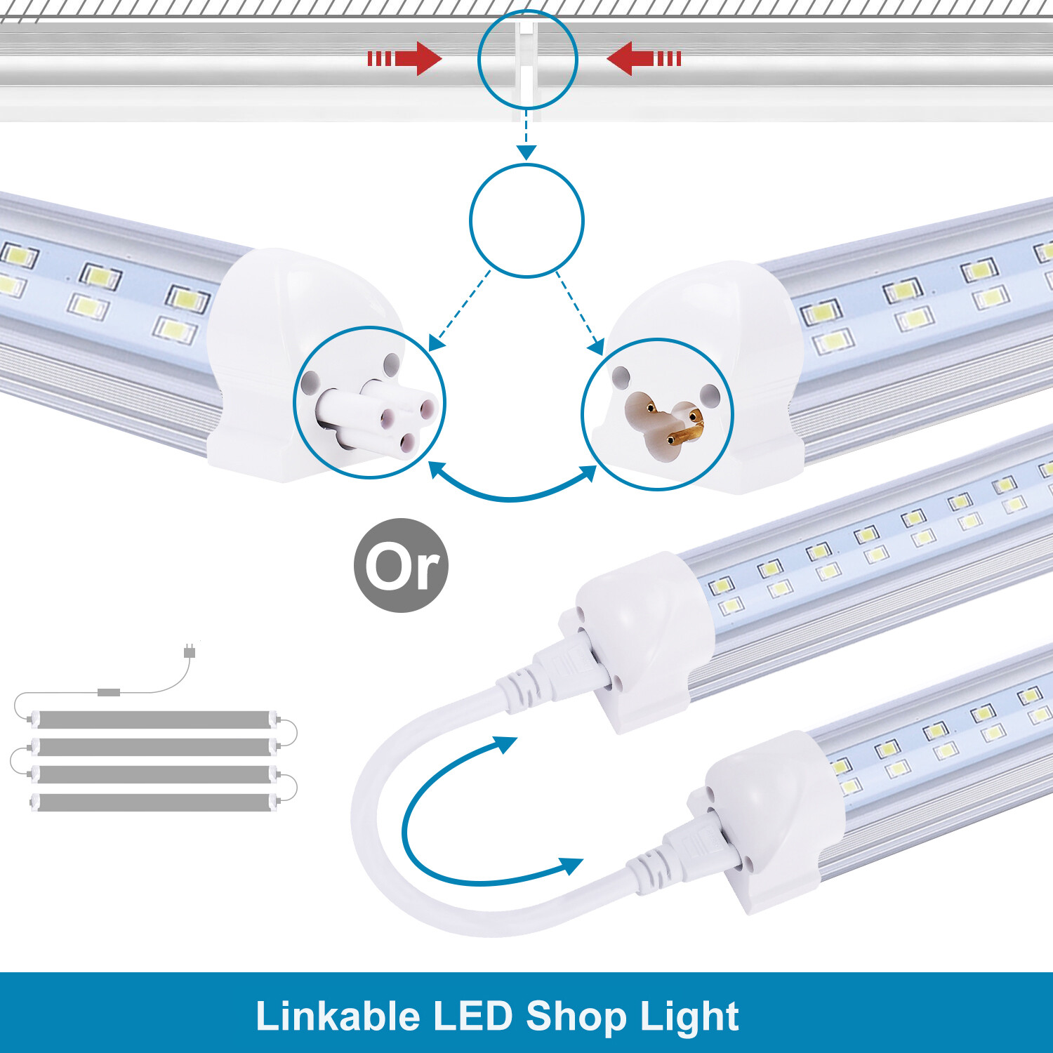 T8 8ft Linkable LED Shop Light Fixture, 8 Foot 8' Warehouse LED Strip Light Bulb
