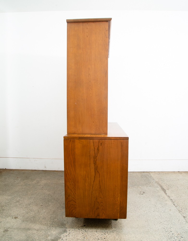 Mid Century Modern China Cabinet 3 Drawers Solid Wood MCM Vintage Hutch Glass