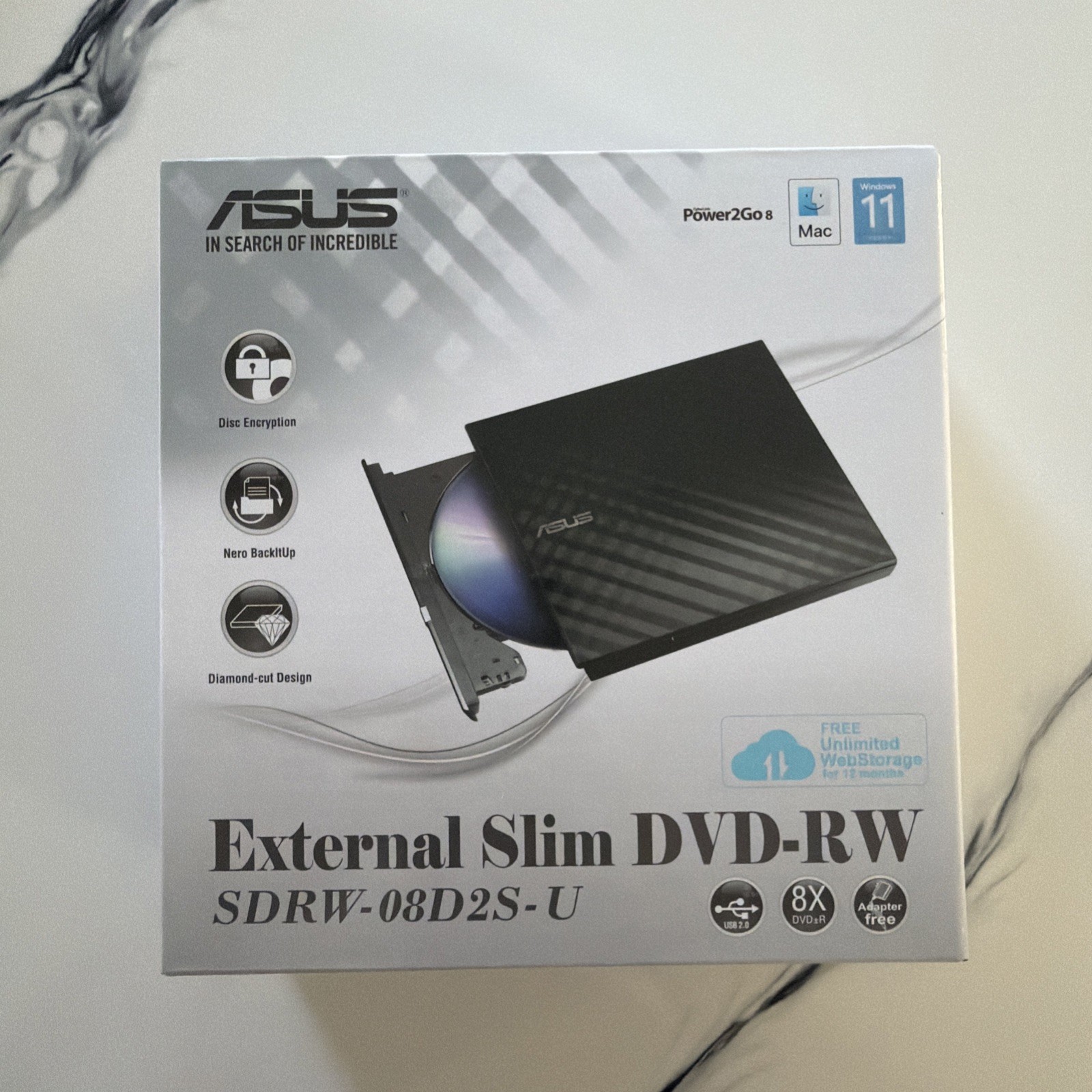 ASUS SDRW-08D2S-U  External  Slim DVD±RW 8x  USB 2.0 Drive- New