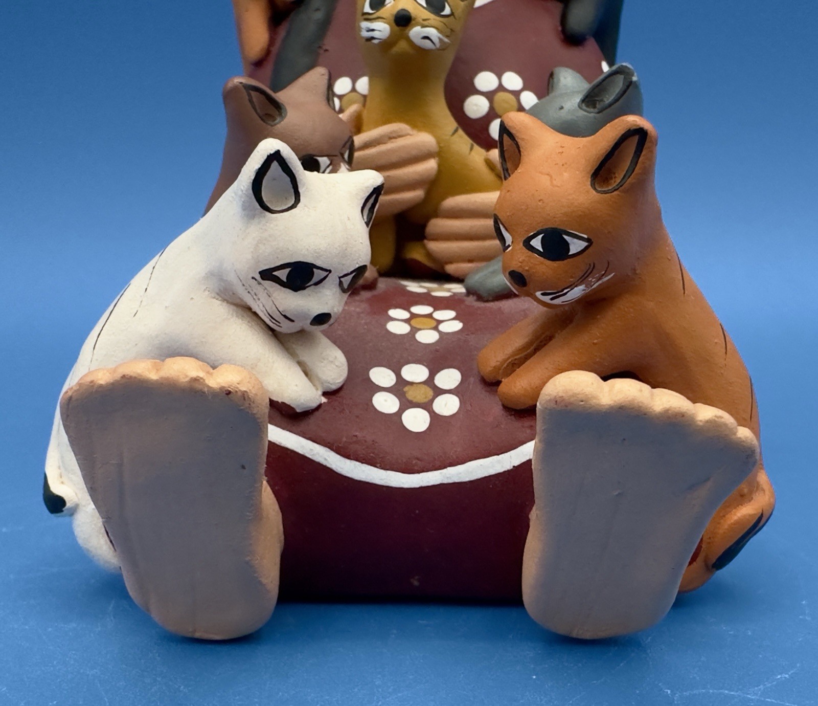 Handmade Peruvian Folk Art Pottery Storyteller Figurine - Woman with 7 Cats