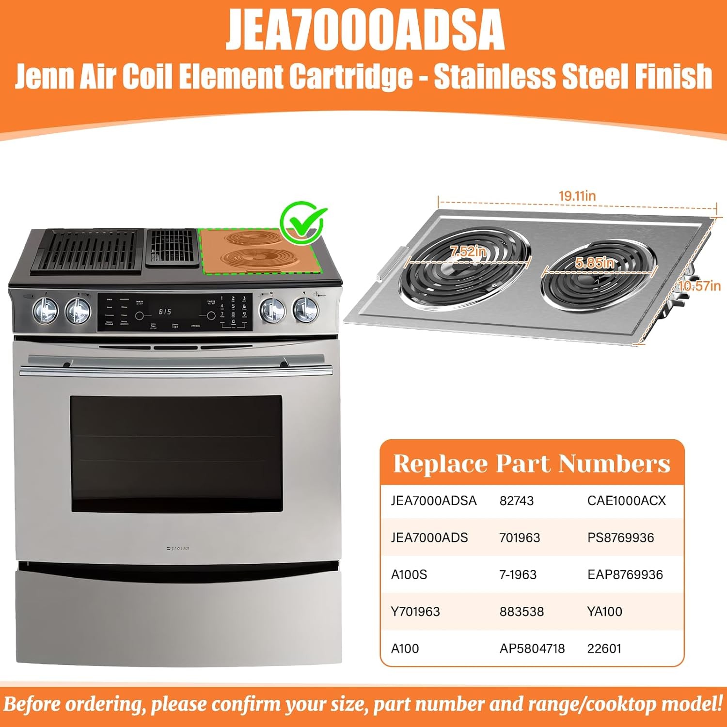 JEA7000ADSA Coil Element Burner Cartridge For Jenn-Air JEA7000ADS Range Stove