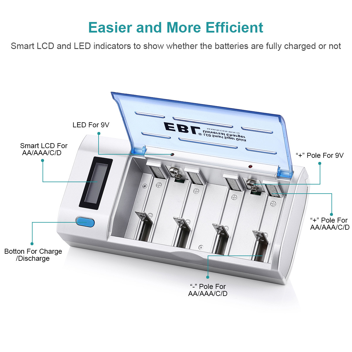 LCD Smart Battery Charger For AAA AA C D 9V Ni-MH Ni-CD Rechargeable Batteries