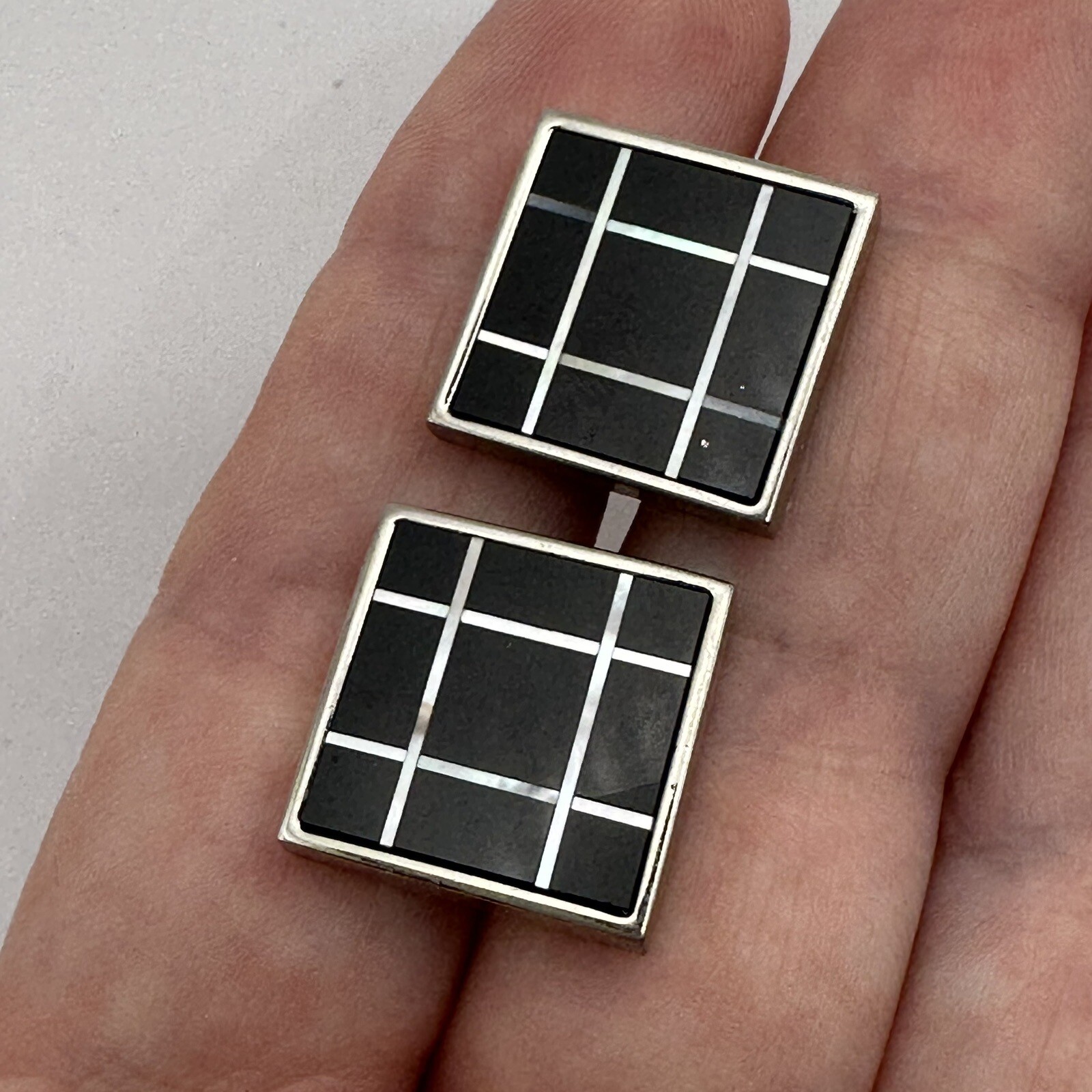 Modernist Black White Cufflinks Onyx Mother Of Pearl Square Geometric Pair
