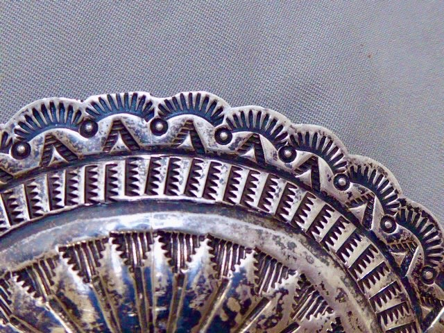 EARLY HAND STAMPED SIGNED NAVAJO STERLING SILVER SPIDER WEB TURQUOISE CONCHO