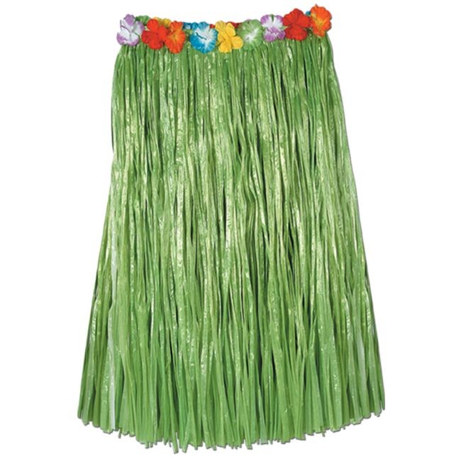Luau Party Green Hula Skirt Artificial Grass w/ Floral Waist Adult Size