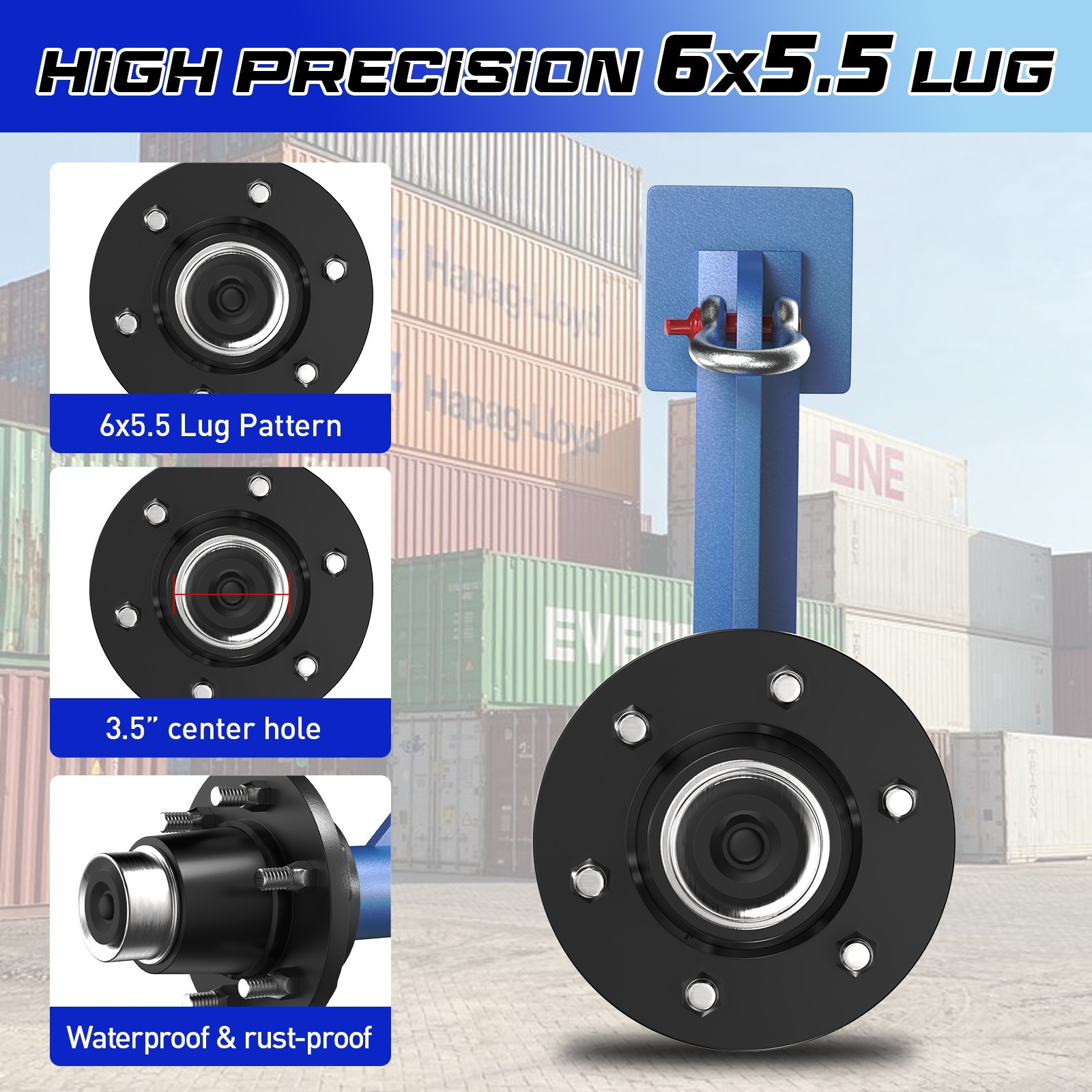 2 pcs 6 x 6.5 Lug 8800LB Shipping Container Wheels, Bolt-on Spindle Kit NEW