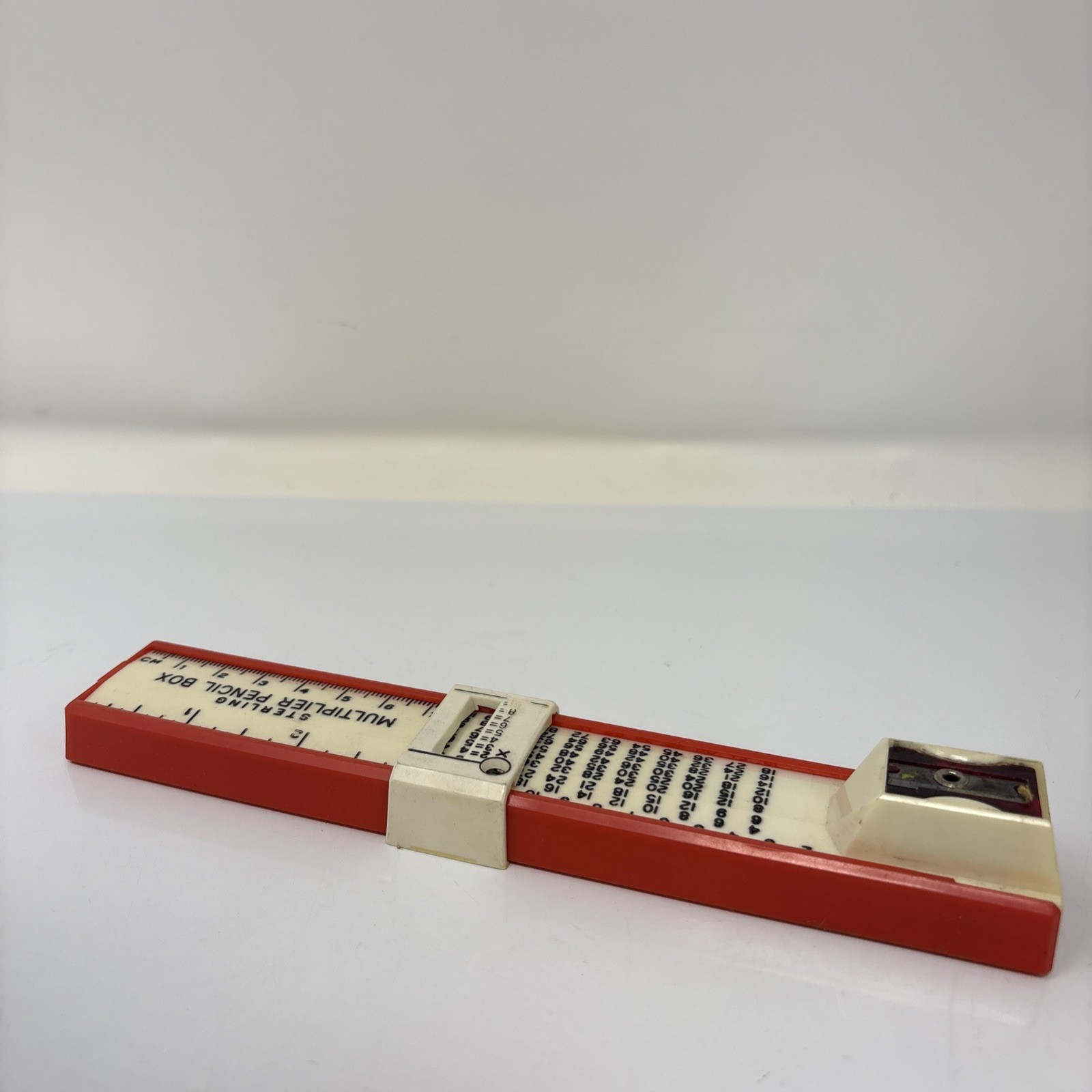 Vintage Sterling Multiplier Pencil Box, Sharpener & Ruler, Red And White 7 5/8"