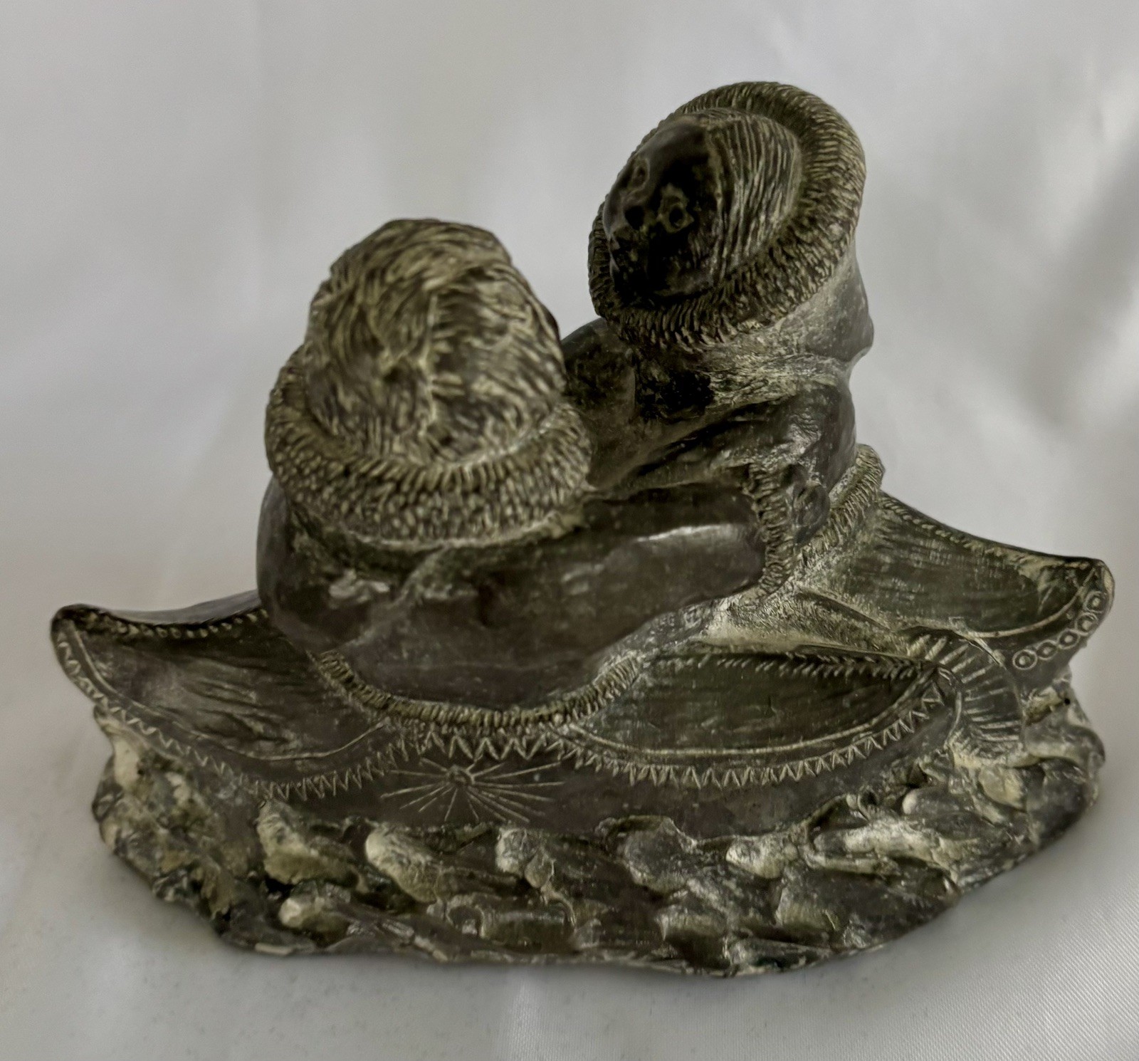 A Wolf Original Soap Stone Sculpture Inuit Man and Woman Canoes 5” Figurine