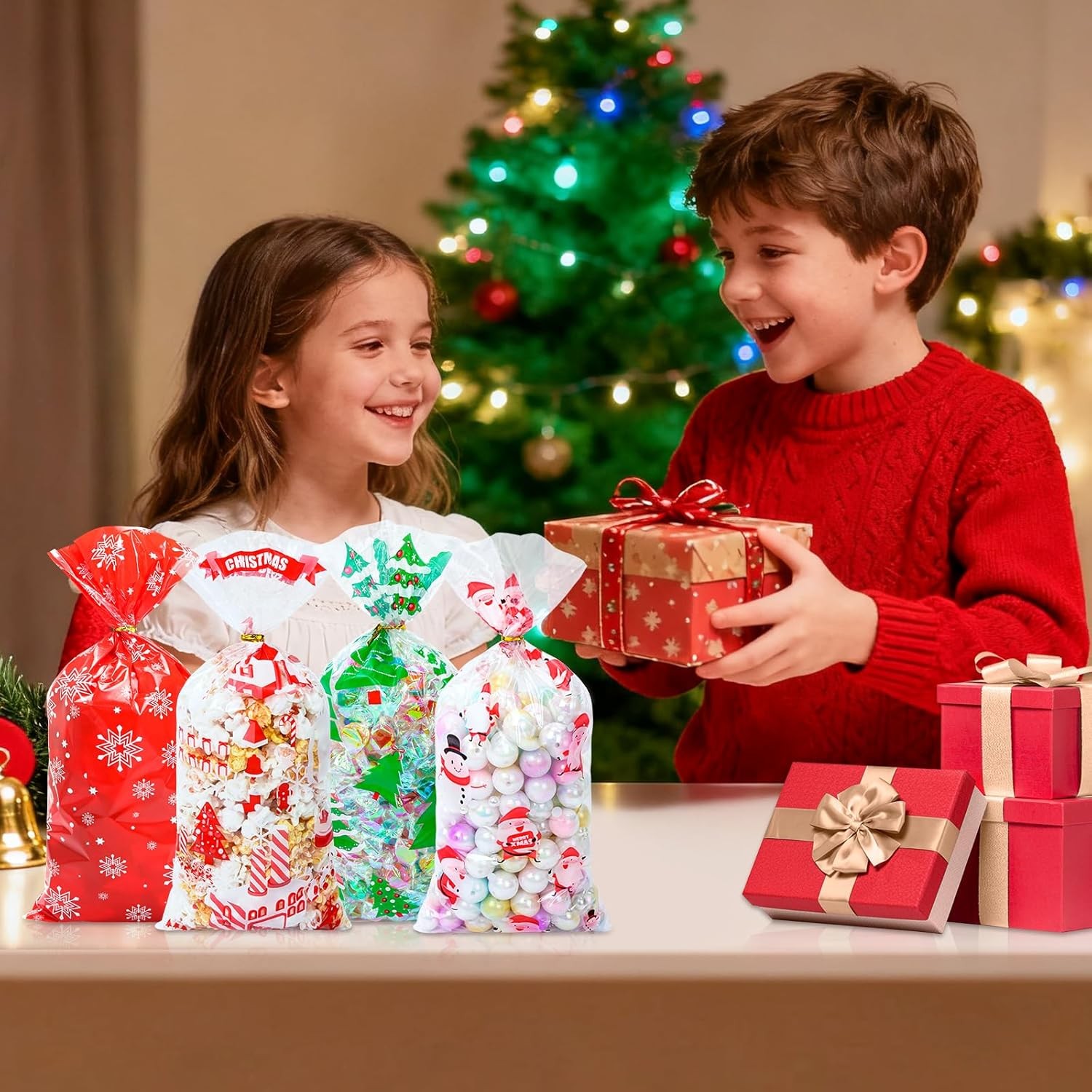 120 Pcs Christmas Cellophane Treat Bags Red Green Holiday Gift Cookie Wrap Sack