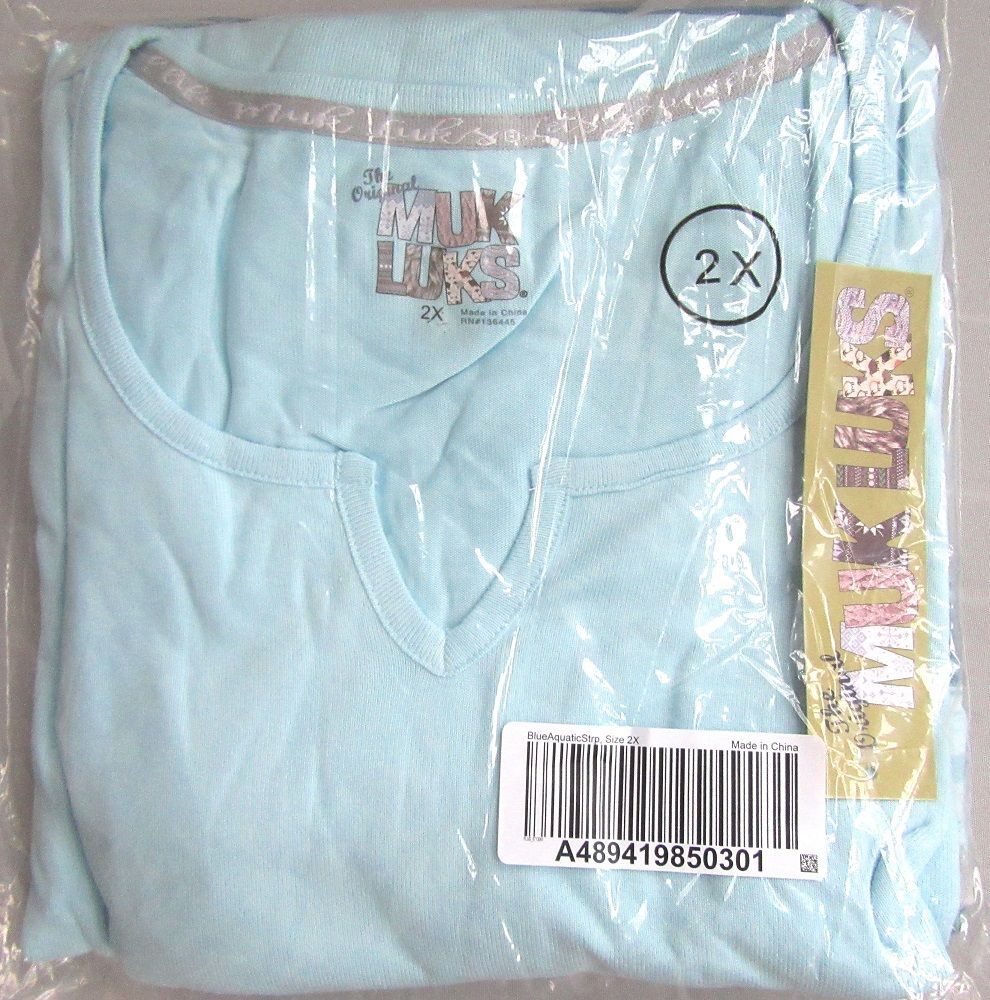 MUK LUKS Size 2X Blue Aquatic Dream Knit Split V-Neck Top and Jogger Lounge Set