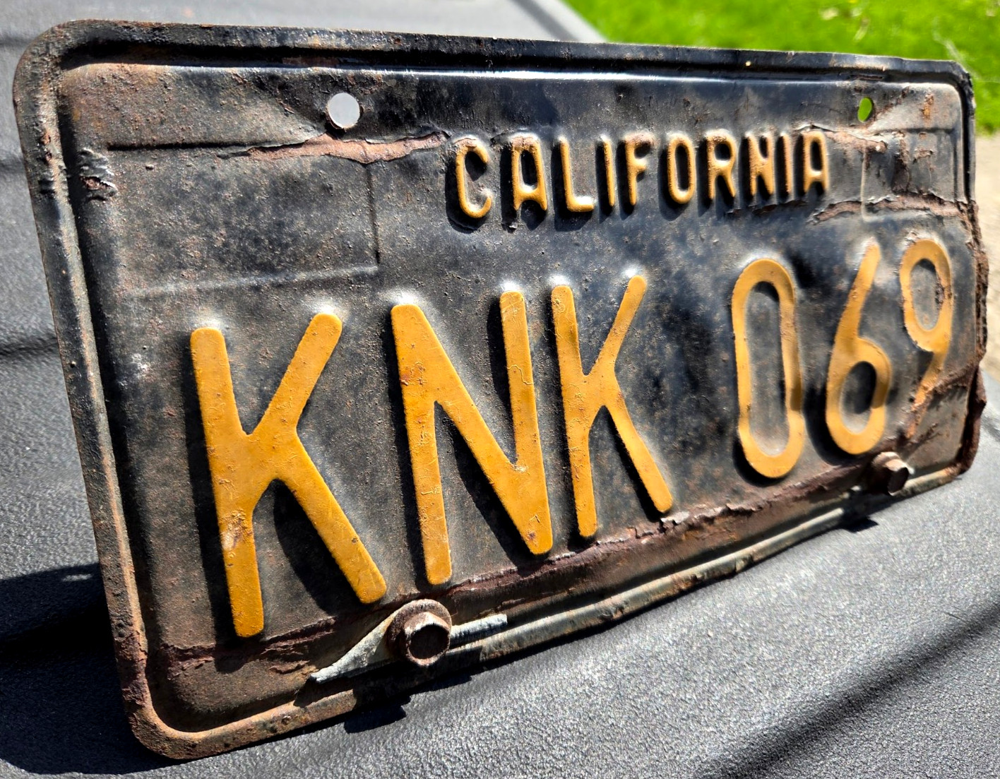 California License Plate KNK 069 Yellow on Black 1963 Vintage CA State 63