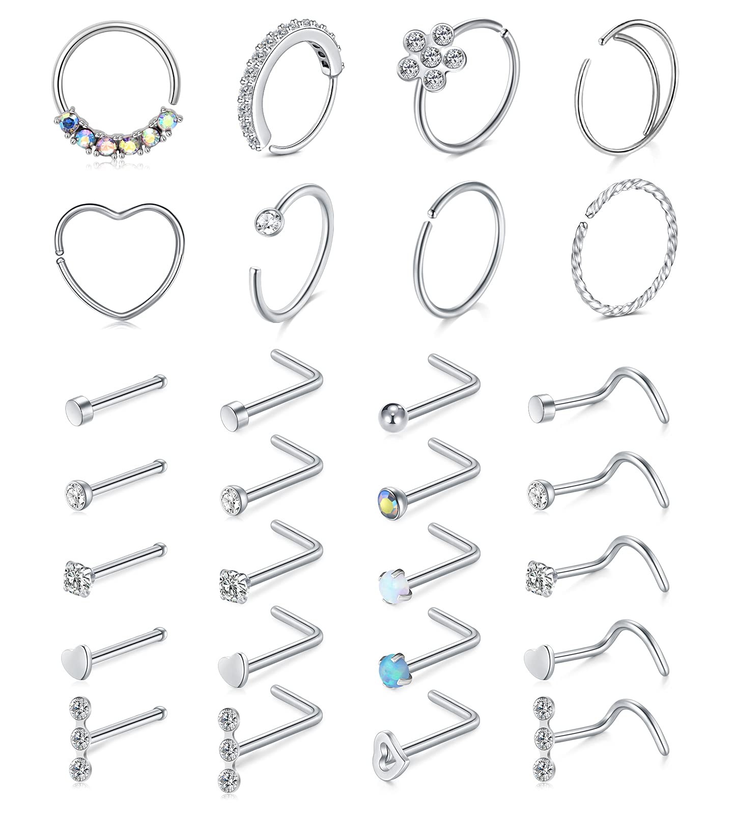 Nose Rings Studs Set Surgical Steel L Shape CZ Silver Aros Nariz Aretes Set
