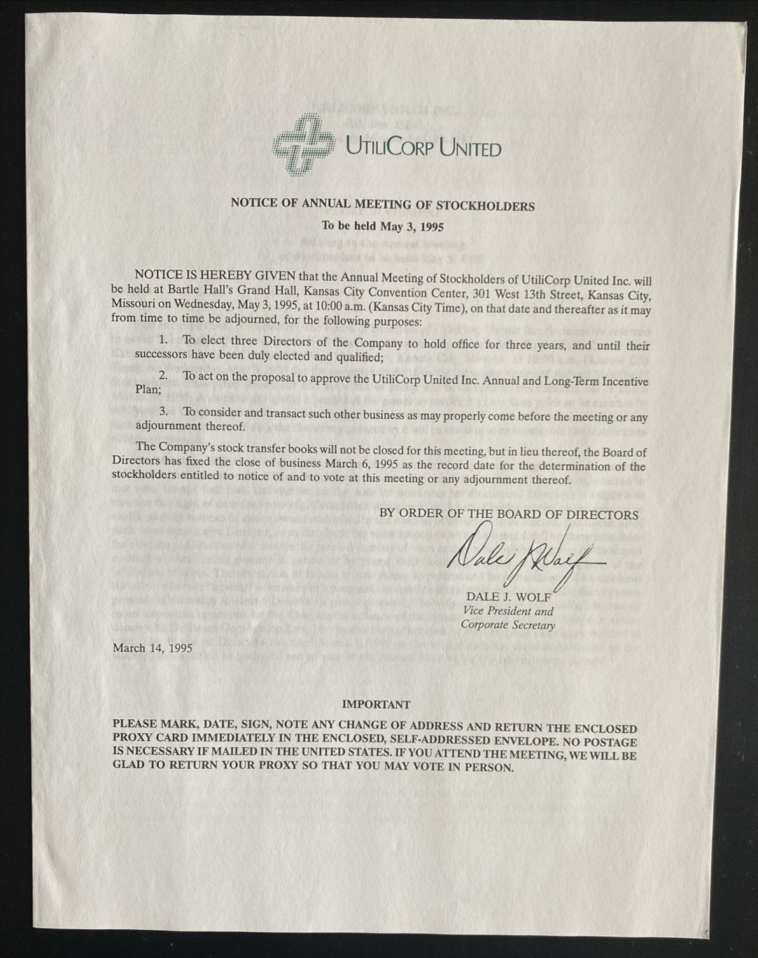 Vtg 1994 Annual Report & Proxy Utilicorp United (Aquila) Kansas City, Mo 56 pgs